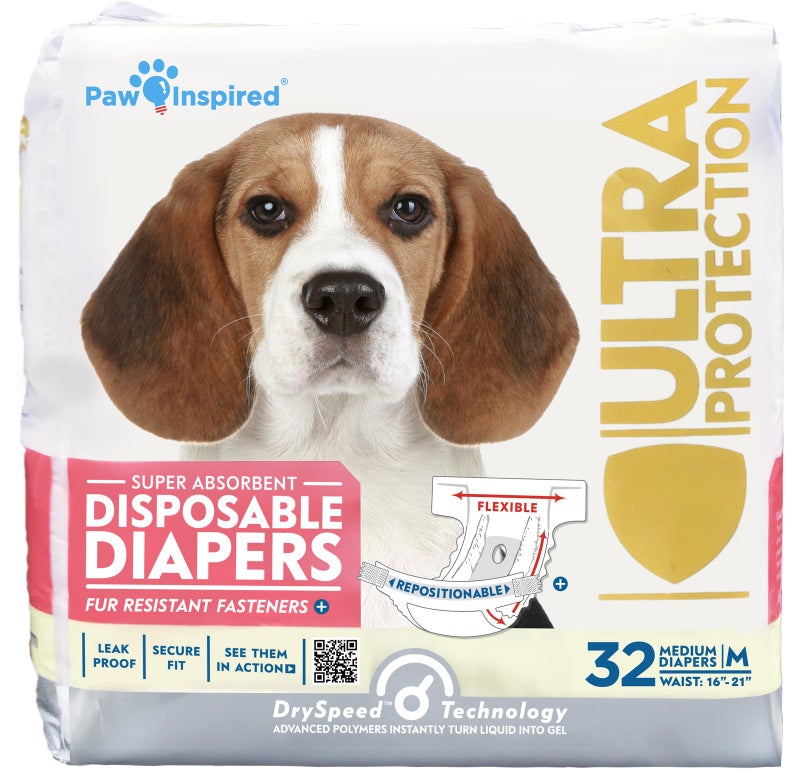Paw Inspired 32ct Disposable Dog Diapers | Female Dog Diapers Ultra Protection | Diapers for Dogs in Heat, Excitable Urination, or Incontinence (Medium) - Image 1